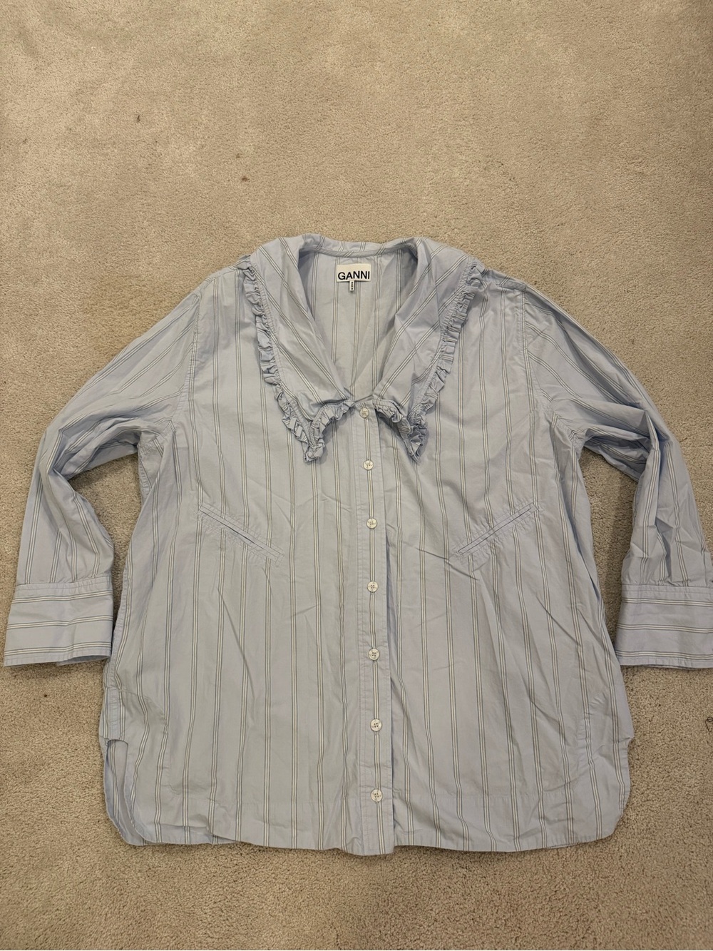 Ganni Pale Blue Striped Ruffle-Collar Button Shirt